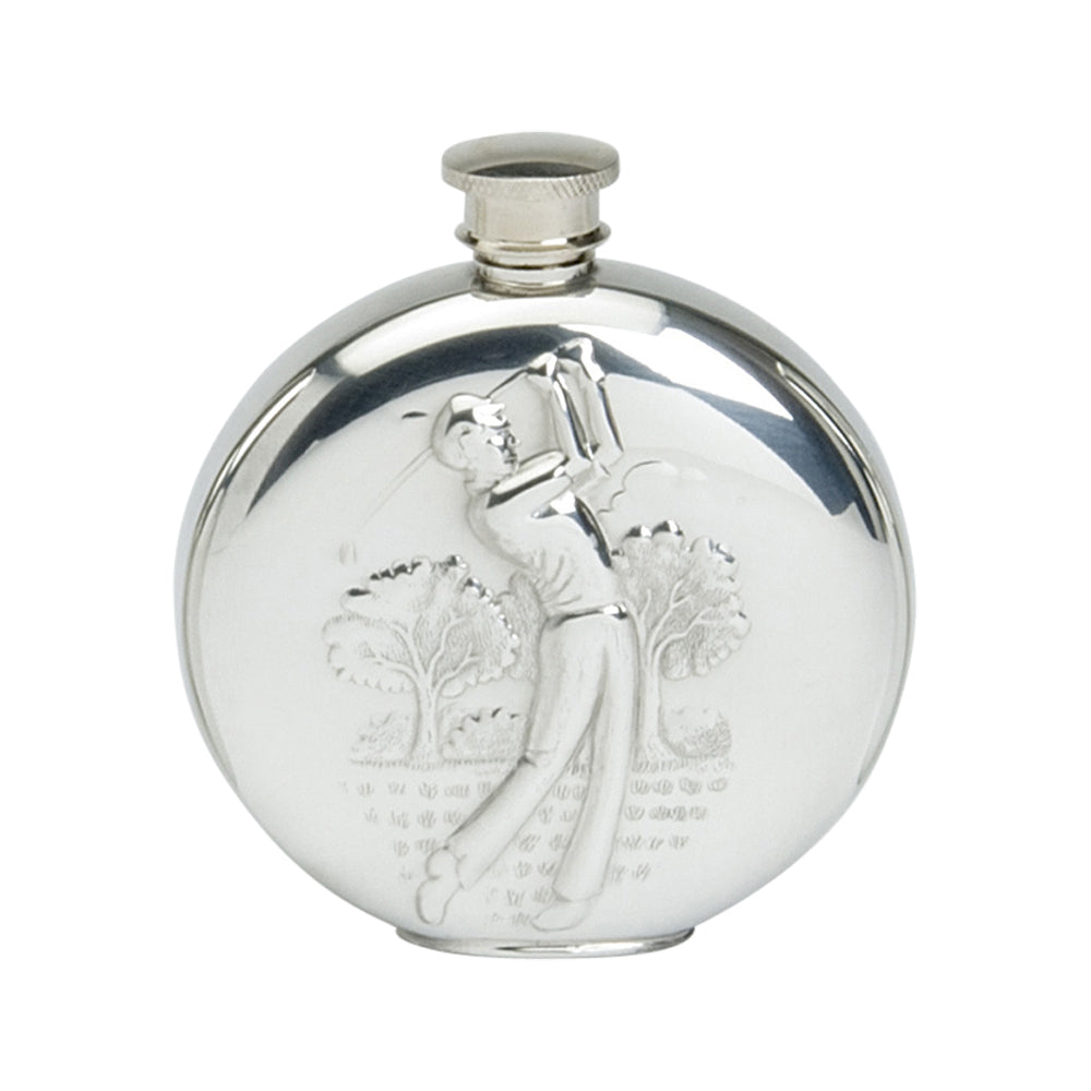 6oz Round Flask. Stamped Golf Scene