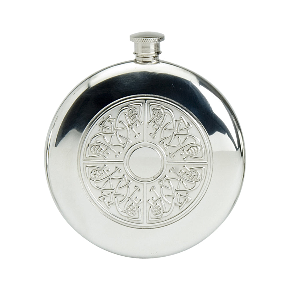 6oz Round Slim line Flask. Stamped Celtic Scene