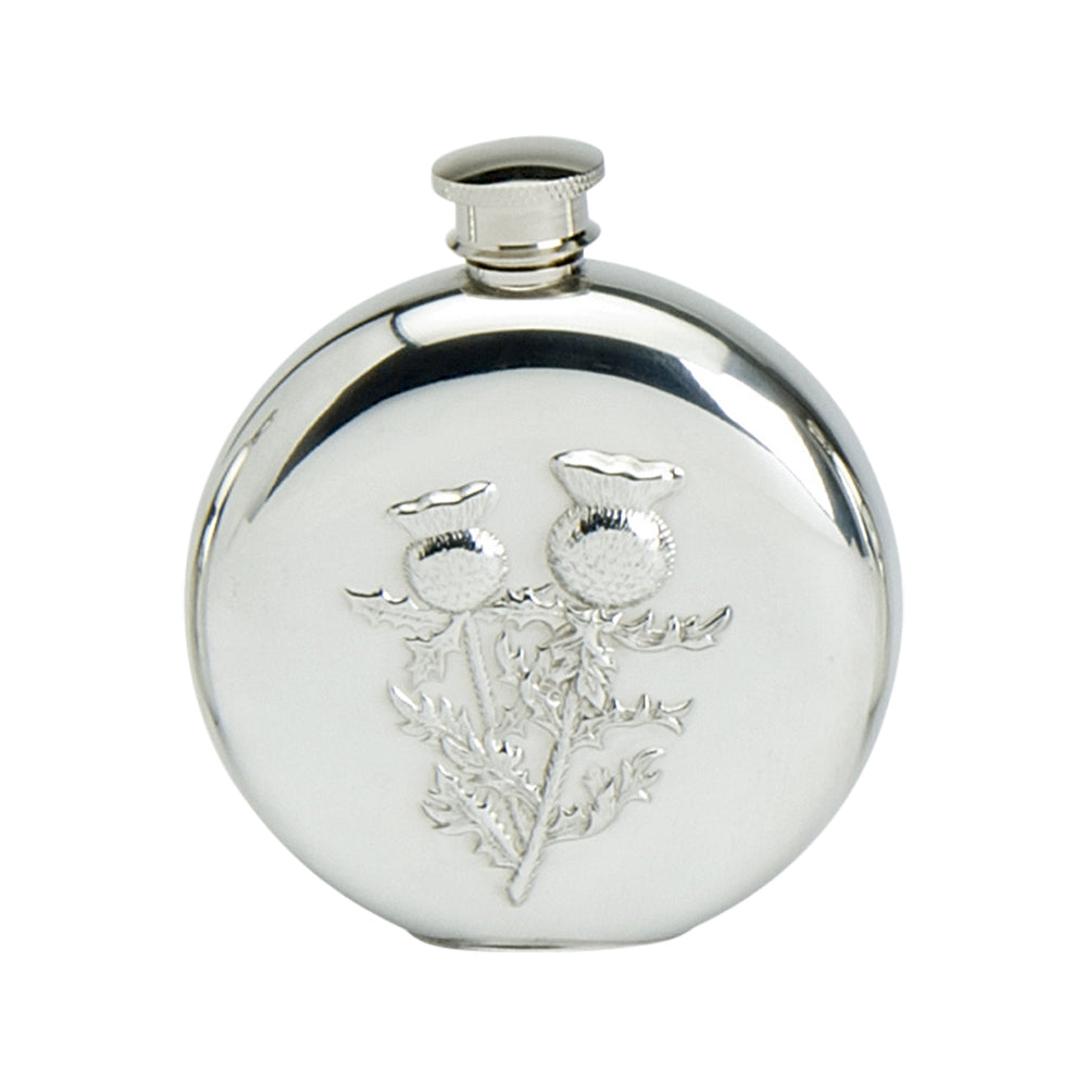 6oz Round Flask. Stamped Thistle Scene